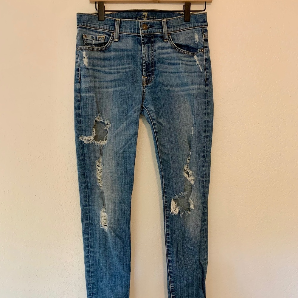 7 for All Mankind Ankle Skinny Distressed Blue Wash Mid-Rise Denim | 29